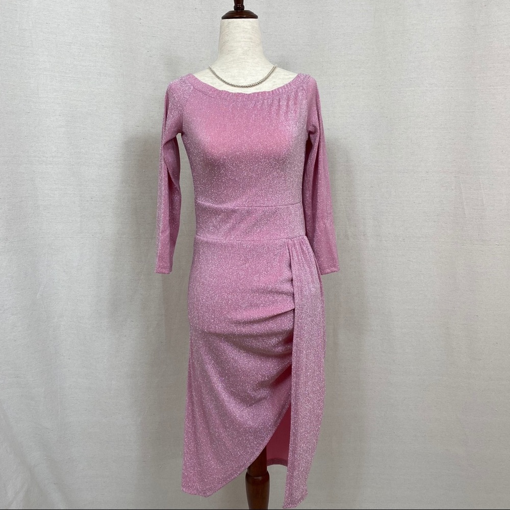 Metallic Shimmer Ruched Thigh Slit Pink Dress Size M